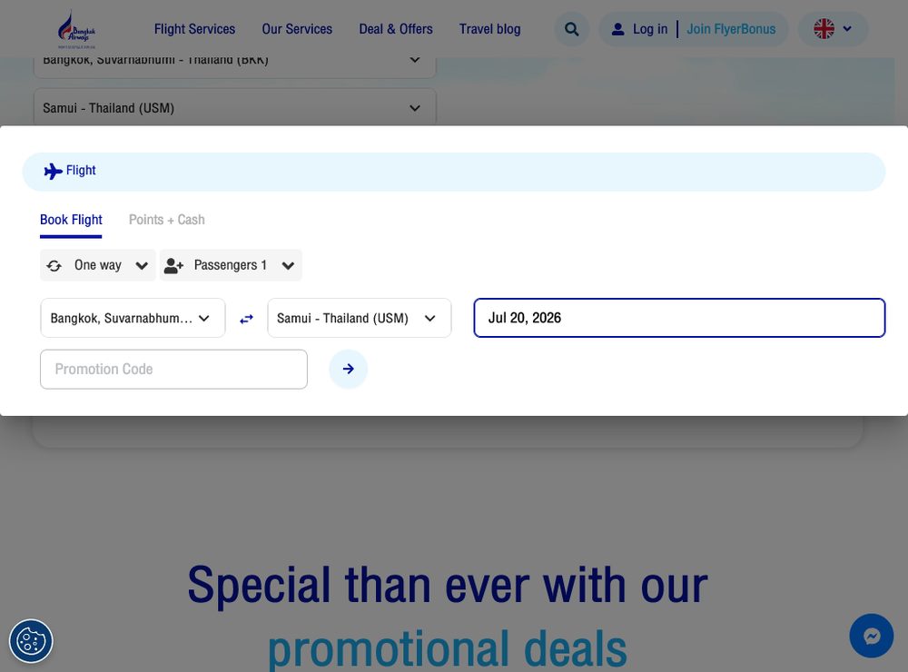 Поиск рейса на bangkokair.com: тип поездки «One way», направление Бангкок (BKK) → Самуи (USM), дата вылета и число пассажиров.