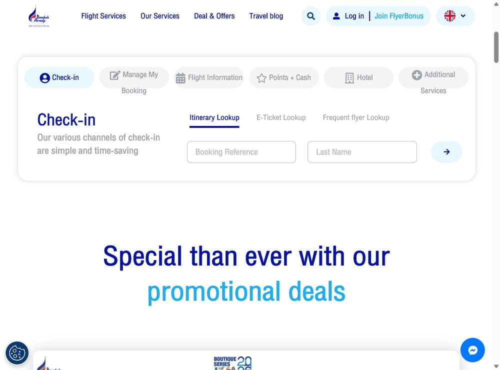 Форма онлайн-регистрации Bangkok Airways (Itinerary Lookup): вход по номеру бронирования (Booking Reference) и фамилии пассажира (Last Name).